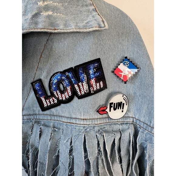 POL Denim jacket with fringe and distressed details SZ S - Picture 4 of 14